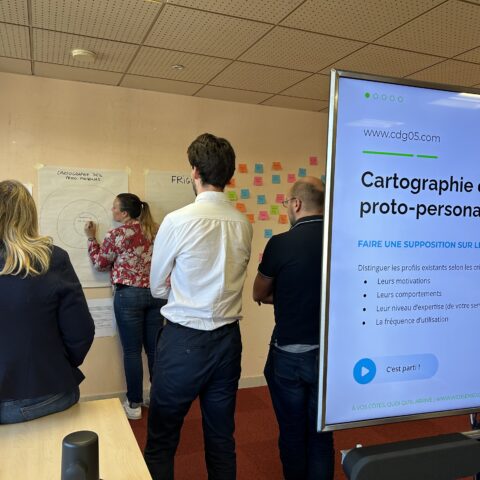 Un groupe d'hommes et femmes travaillent autour d'une carte de ciblage de leurs proto-personas
